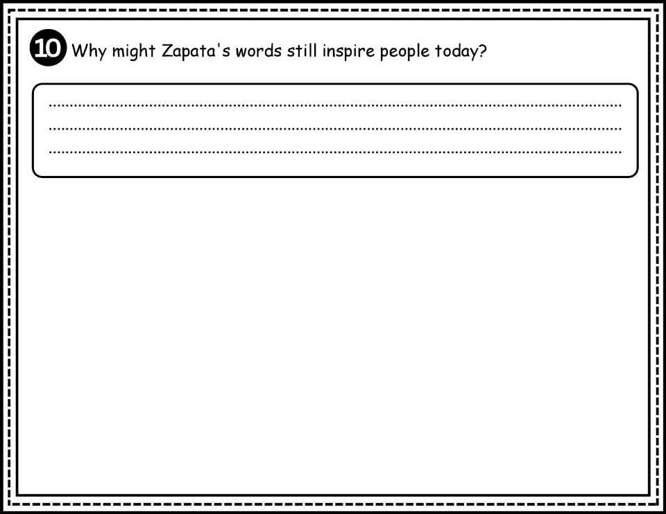 Comprehension question 10: a written response explaining why Zapata's words might still inspire people today