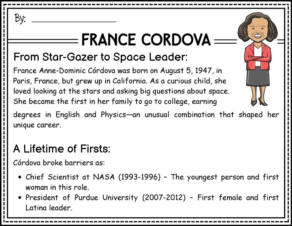 Biography passage opening: France Córdova's childhood, English and Physics studies, and NASA and Purdue roles