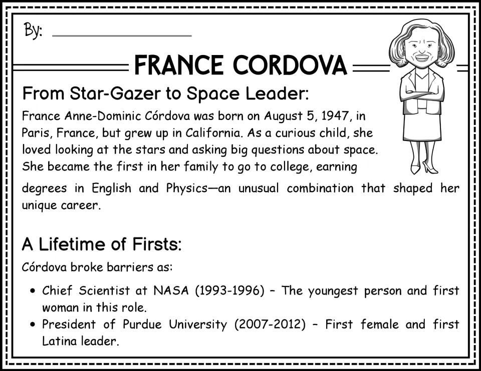 Alternate biography opening: Córdova's early life, college subjects, and firsts at NASA and Purdue University