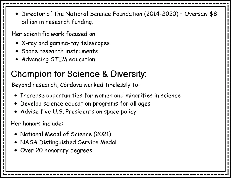 Biography continuation: Córdova's NSF leadership, telescope research, science diversity efforts, and honors