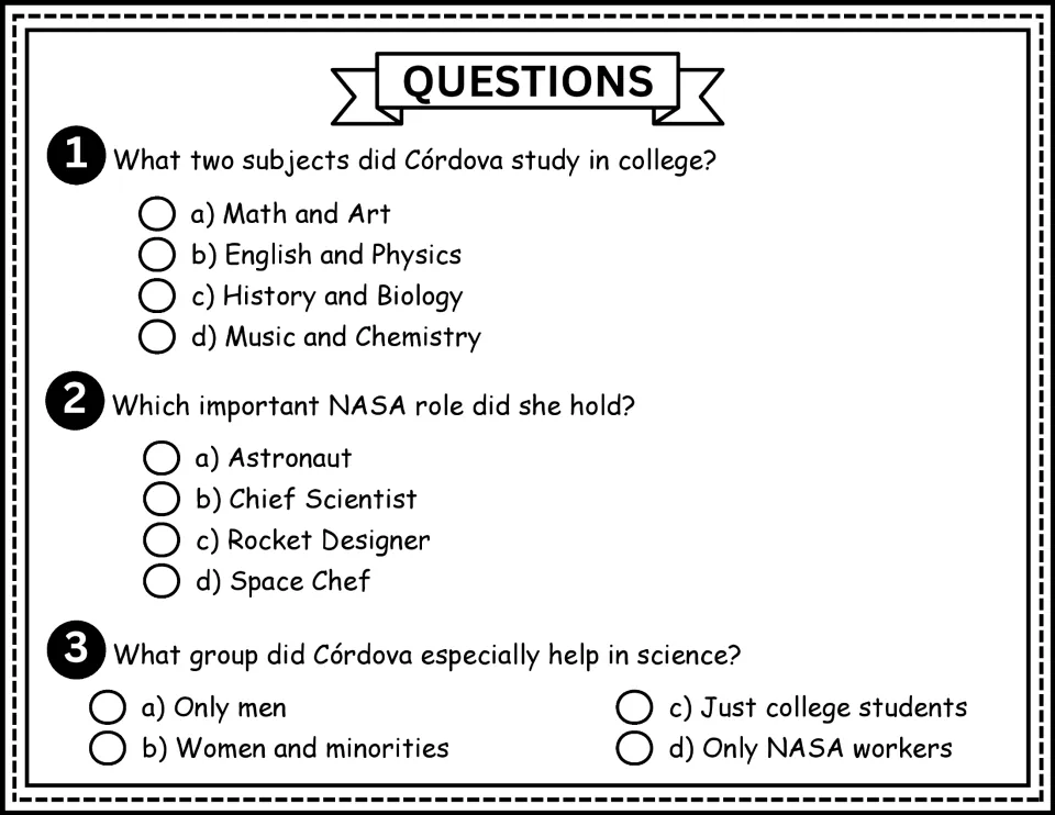 Comprehension questions 1–3: Córdova's college subjects, NASA role, and support for women and minorities