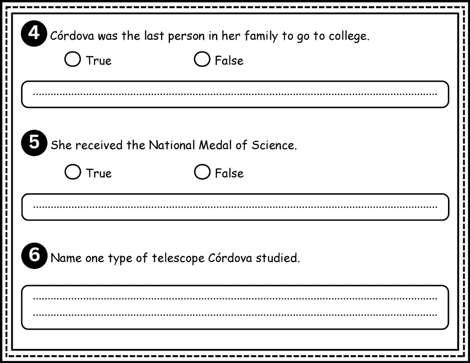 Comprehension questions 4–6: family college history, the National Medal of Science, and telescope types