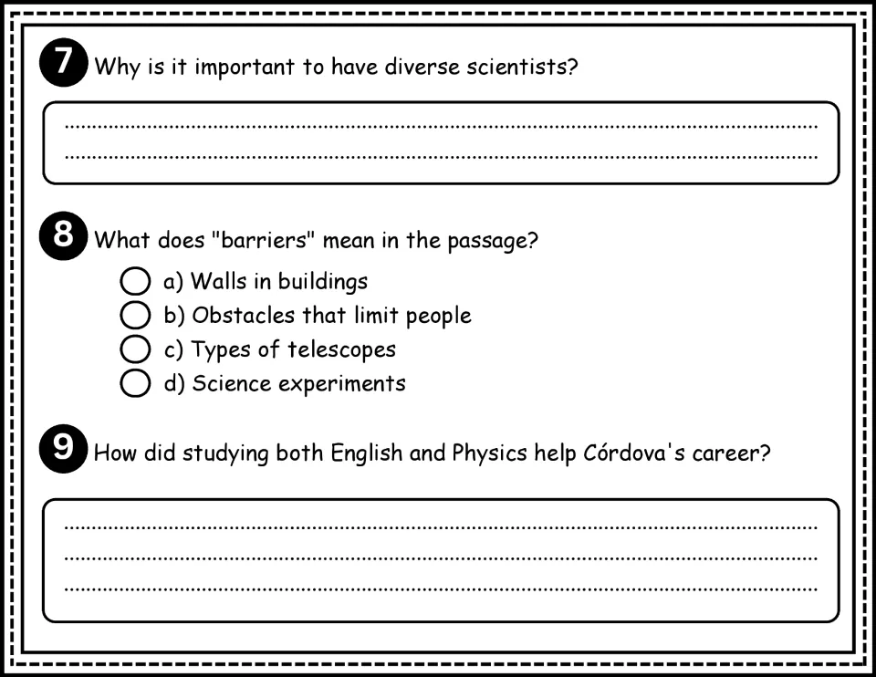 Comprehension questions 7–9: diverse scientists, the meaning of barriers, and combining English and Physics