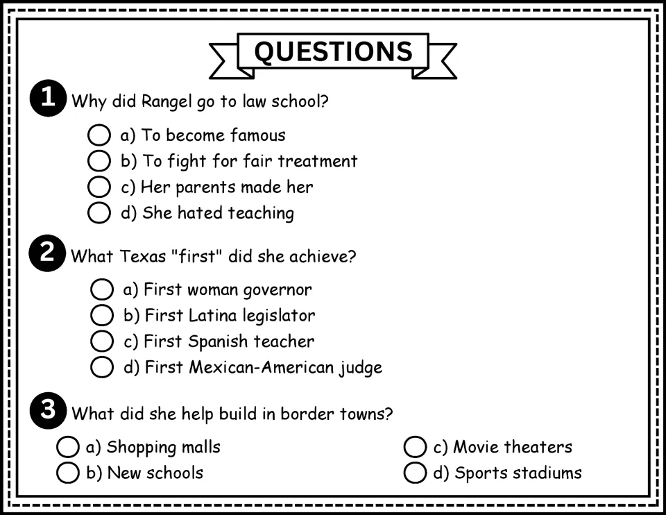 Questions 1–3: multiple choice on Rangel's reason for studying law, her Texas first, and border-town schools