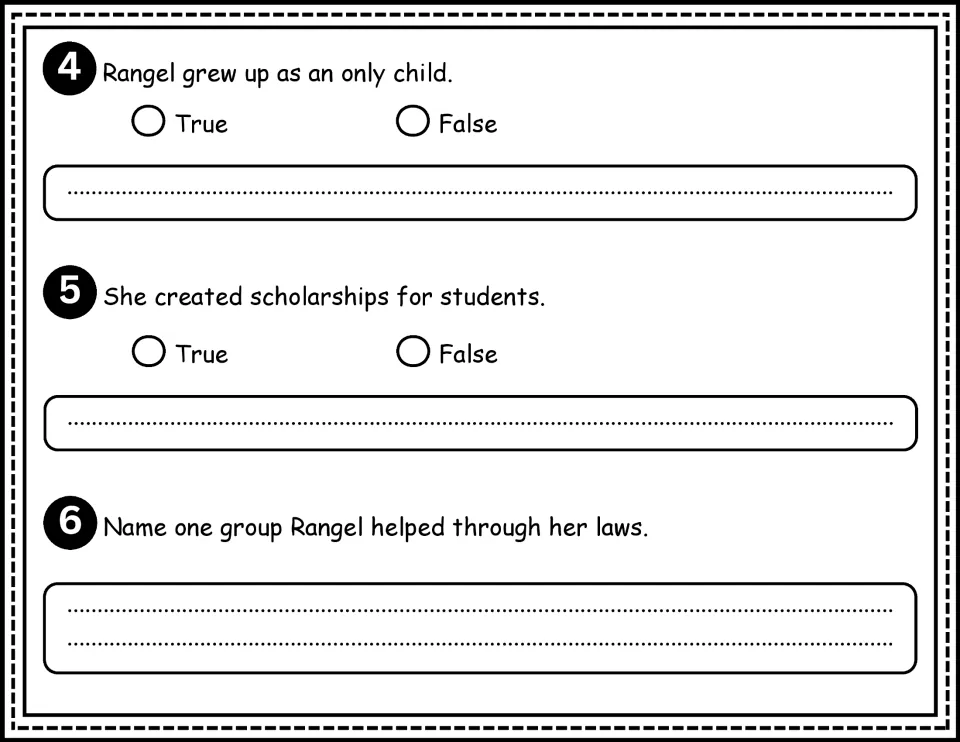 Questions 4–6: true or false about Rangel's siblings and scholarships, plus naming a group her laws helped