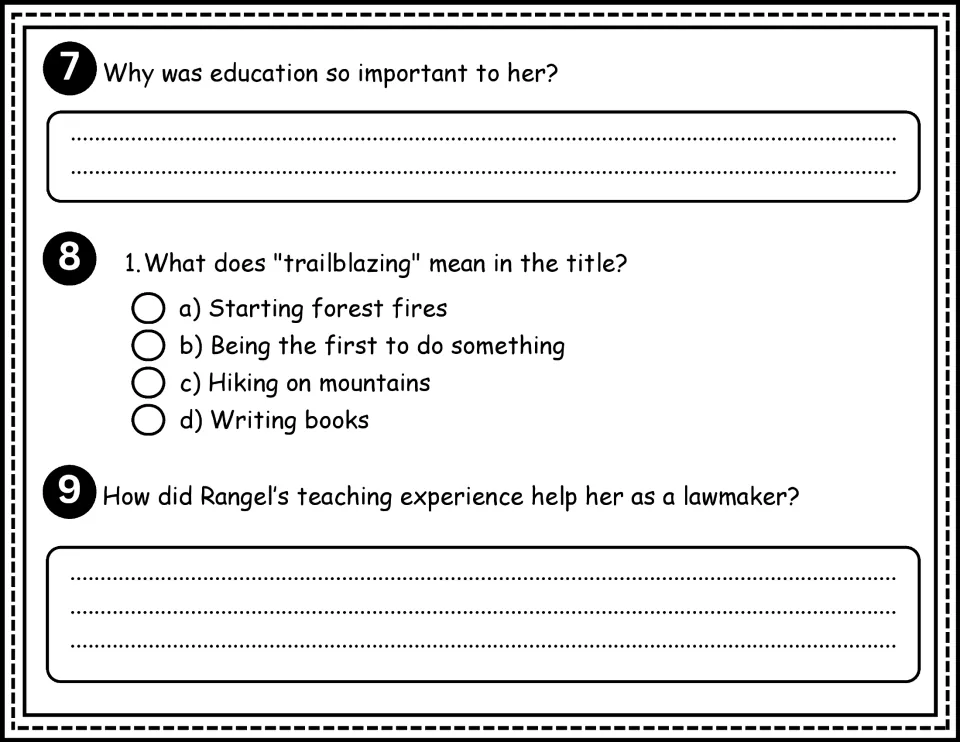 Questions 7–9: education's importance to Rangel, the meaning of trailblazing, and teaching's role in lawmaking