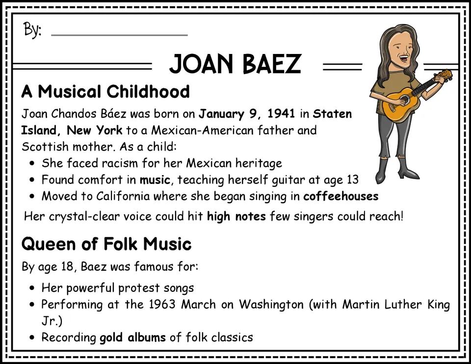 Opening biography passage about Joan Baez's childhood, Mexican-American heritage, guitar playing, and folk music