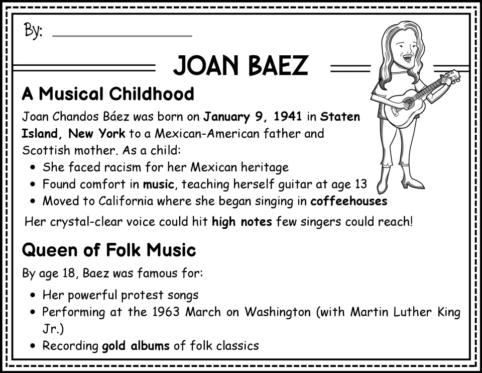 Alternate opening biography passage covering Baez's childhood, experiences of racism, and rise as a folk singer