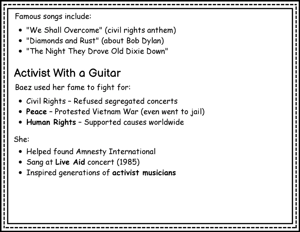 Reading passage continuation lists Baez's famous songs and her activism for civil rights, peace, and human rights