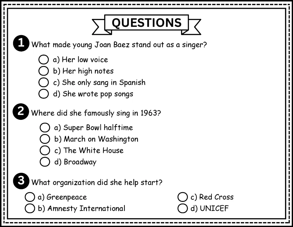Comprehension questions 1–3 ask about Baez's high notes, her 1963 performance, and an organization she helped start