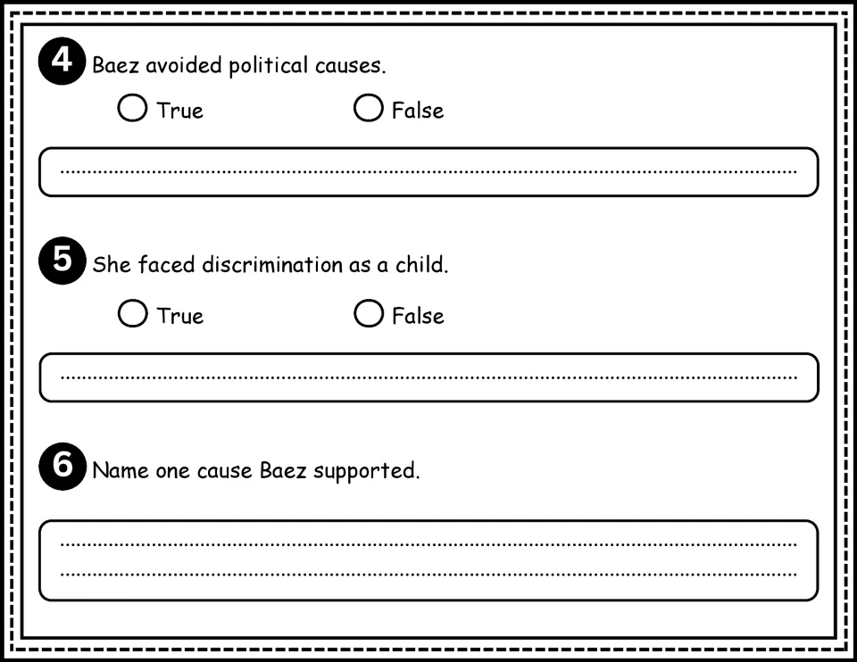 Comprehension questions 4–6 address Baez's political involvement, childhood discrimination, and a cause she supported