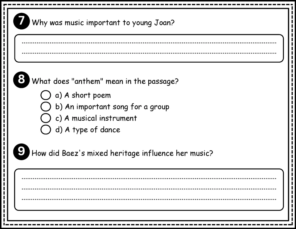 Comprehension questions 7–9 ask about music's importance to young Baez, the meaning of anthem, and her mixed heritage