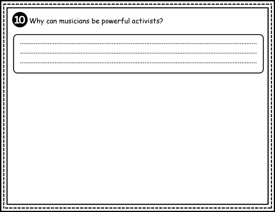 Final comprehension question 10 asks students to explain why musicians can be powerful activists in a written response