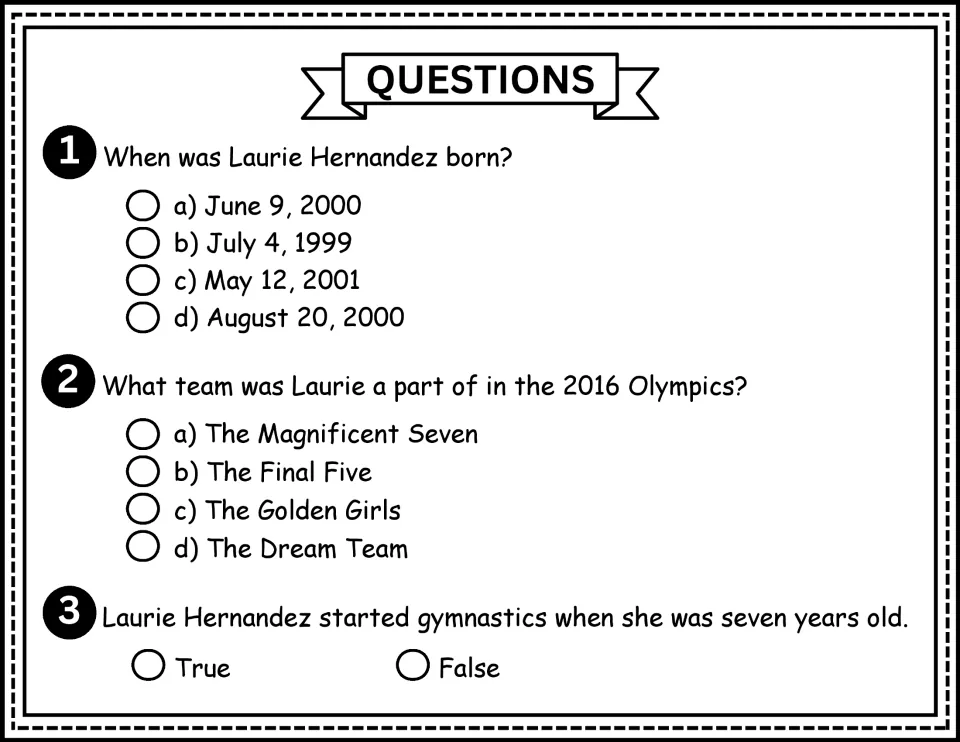 Comprehension questions 1–3 ask about Laurie Hernandez's birthday, 2016 Olympic team, and starting age