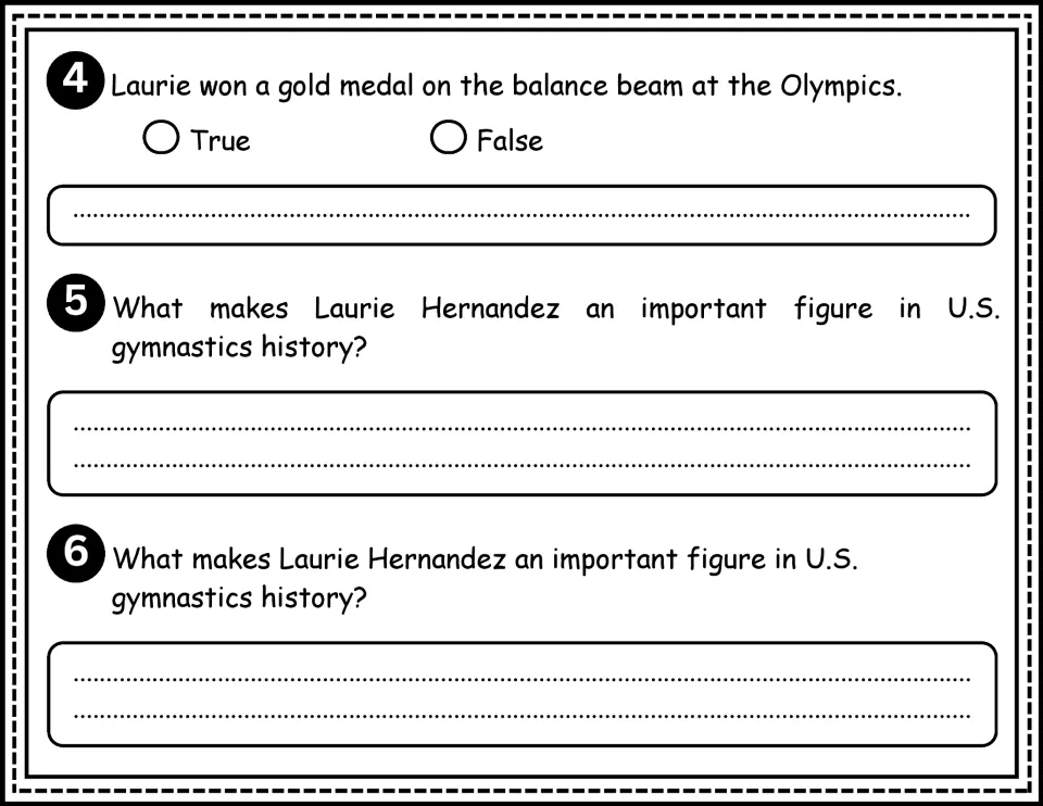 Comprehension questions 4–6 address Laurie's beam medal and repeat a prompt about her place in gymnastics history