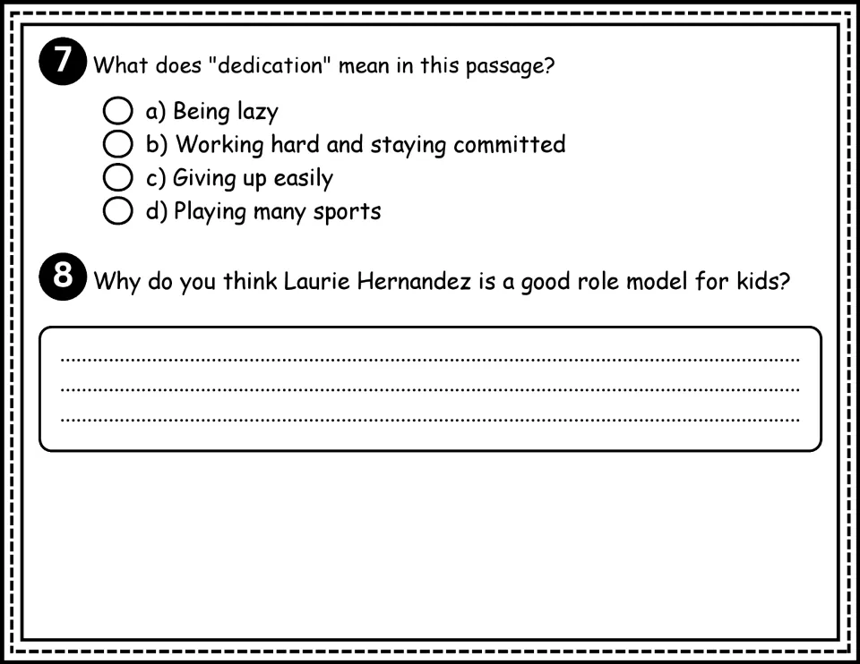 Comprehension questions 7–8 ask what dedication means and why Laurie Hernandez is a good role model for kids