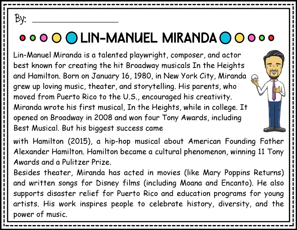 Color version of the biography covering Lin-Manuel Miranda's childhood, Broadway musicals, and film work