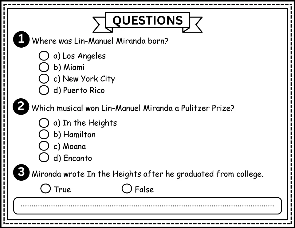 Biography questions 1–3 ask about Miranda's birthplace, Pulitzer-winning musical, and writing in college