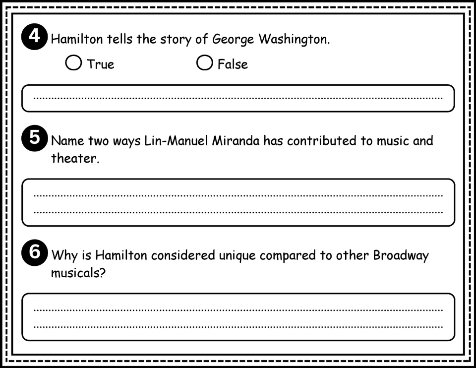Biography questions 4–6 cover Hamilton's subject, Miranda's contributions, and what makes Hamilton unique