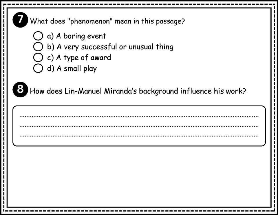 Biography questions 7–8 ask what 'phenomenon' means and how Lin-Manuel Miranda's background shapes his work