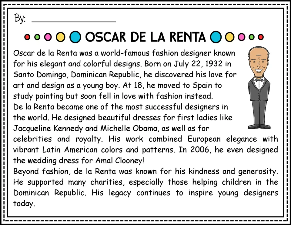 Color version of the Oscar de la Renta biography passage about his childhood, fashion career, and charity work