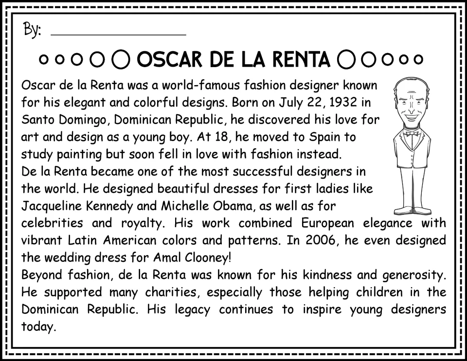 Black-and-white version of the Oscar de la Renta passage about his early life, fashion designs, and generosity