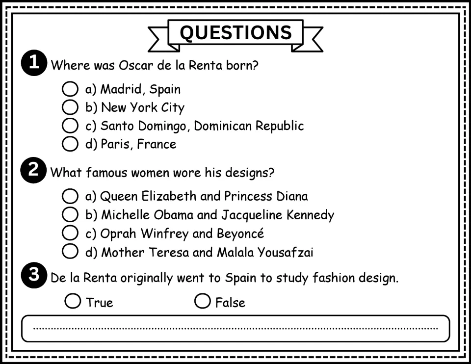 Biography questions 1–3 ask about Oscar de la Renta's birthplace, famous clients, and reason for going to Spain