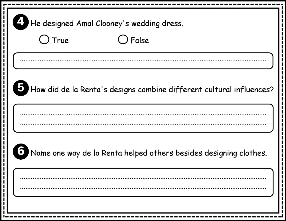 Biography questions 4–6 cover Amal Clooney's wedding dress, cultural influences, and de la Renta's charity work
