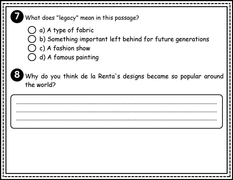 Biography questions 7–8 ask what “legacy” means and why Oscar de la Renta's designs became popular worldwide