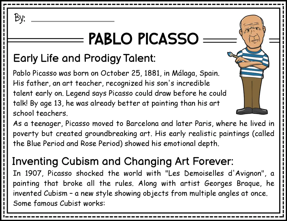 Biography opening: Picasso's childhood in Spain, early artistic talent, Blue and Rose Periods, and Cubism