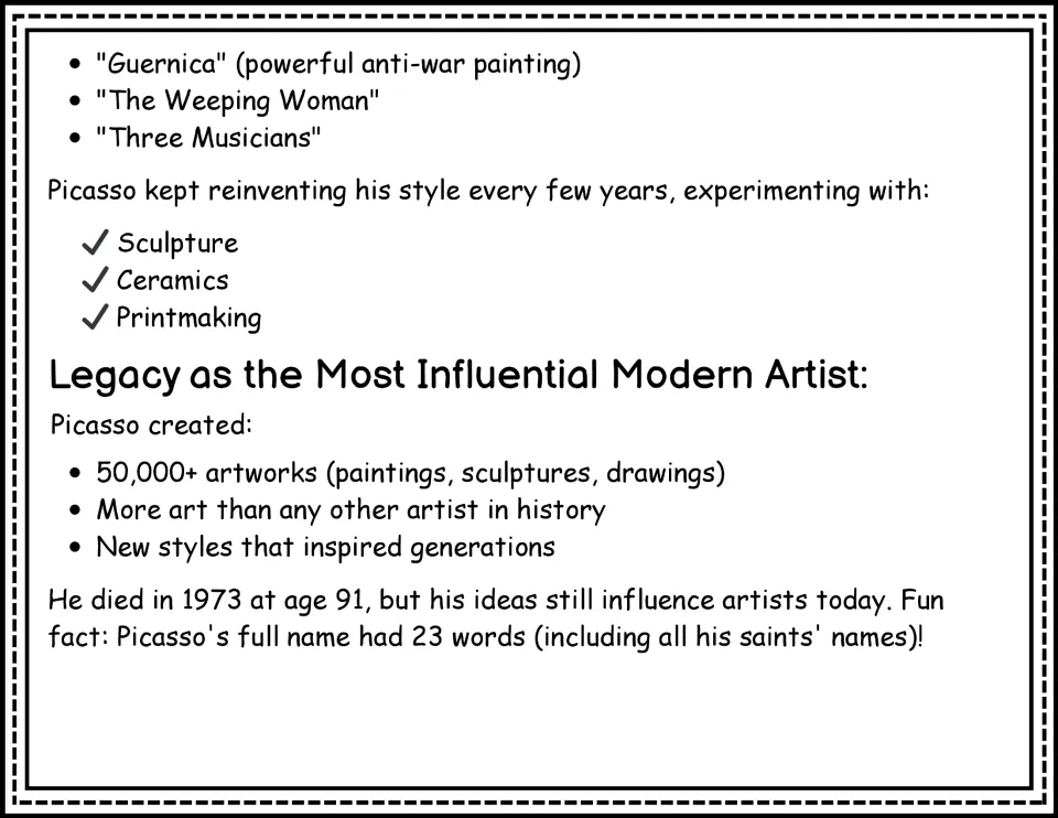 Biography continuation: Guernica, The Weeping Woman, Three Musicians, and Picasso's artistic legacy
