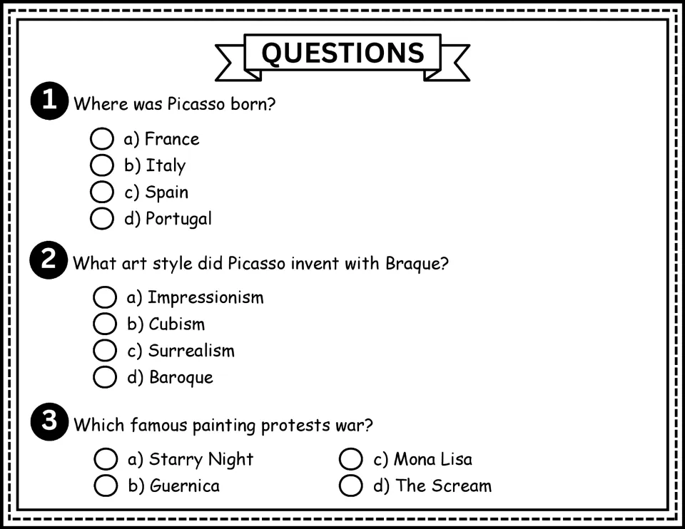 Comprehension questions 1–3: multiple-choice items on Picasso's birthplace, Cubism, and anti-war painting