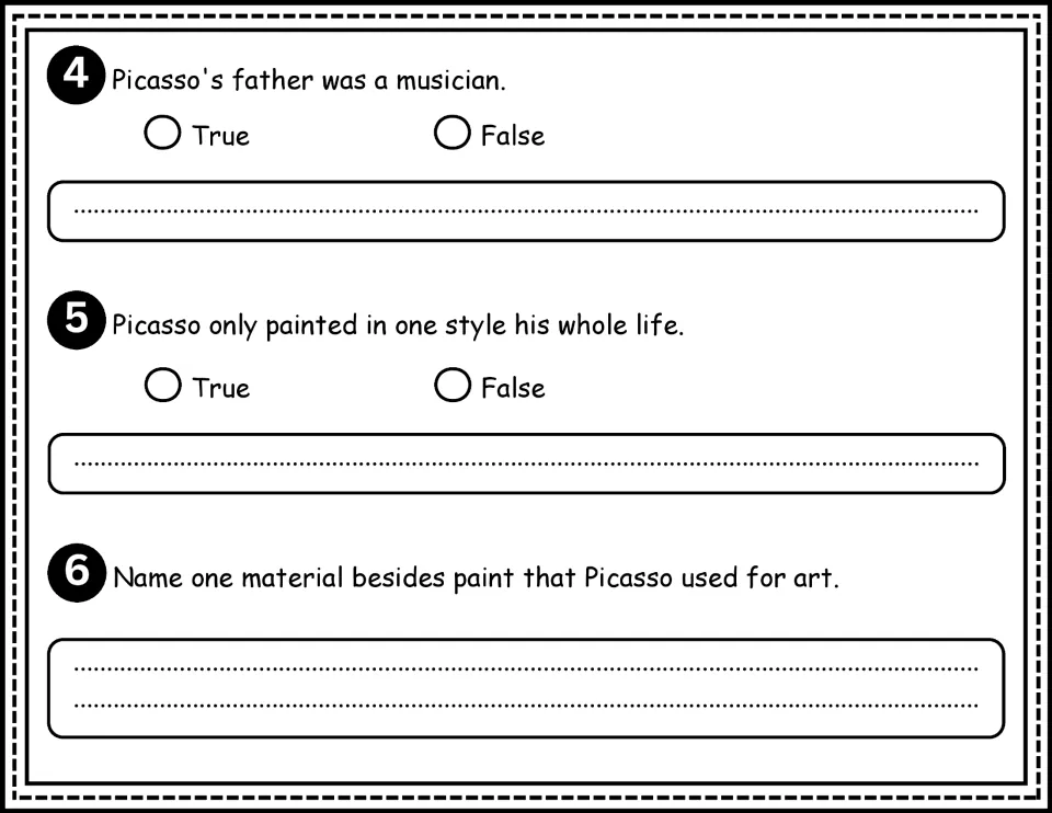 Comprehension questions 4–6: true-or-false statements and a short response on Picasso's father and art