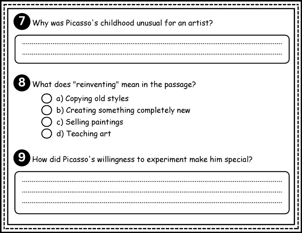 Comprehension questions 7–9: Picasso's unusual childhood, the meaning of reinventing, and experimentation