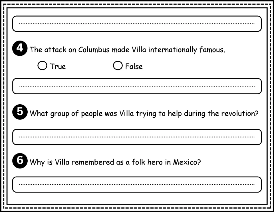 Biography questions 4–6 ask about the Columbus attack, whom Villa helped, and why he is a folk hero
