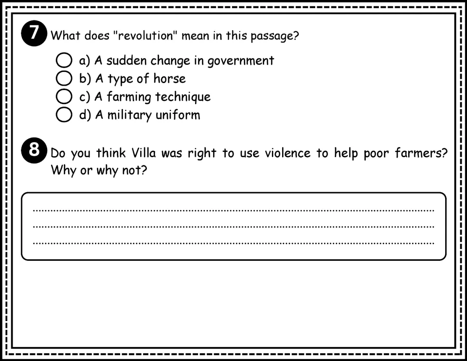 Biography questions 7–8 ask what revolution means and whether Villa was right to use violence to help farmers