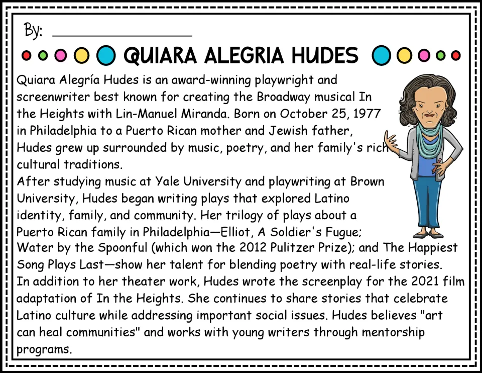 Color biography passage about Quiara Alegría Hudes, her Philadelphia childhood, education, and plays