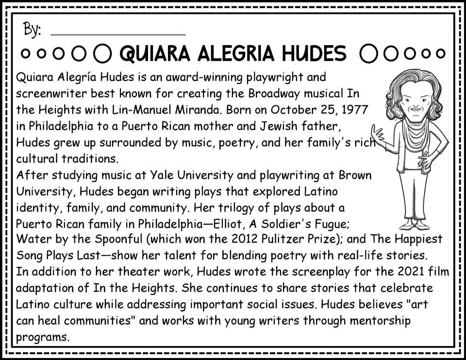 Black-and-white biography passage about Quiara Alegría Hudes, In the Heights, and Water by the Spoonful