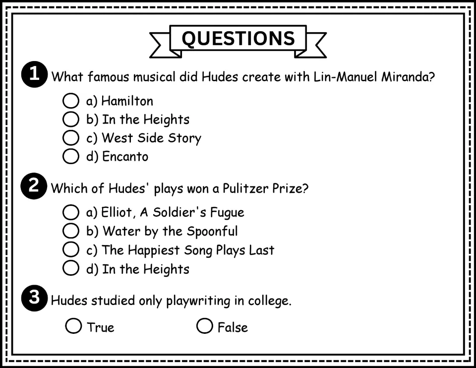 Biography questions 1–3 ask about Hudes' musical with Lin-Manuel Miranda, Pulitzer-winning play, and studies