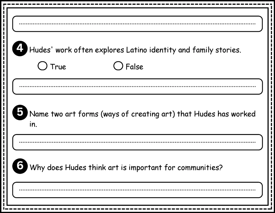 Biography questions 4–6 cover Latino identity, two art forms Hudes worked in, and art's community value