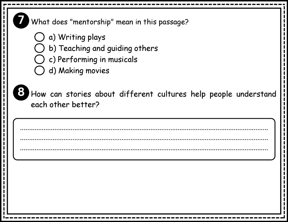 Biography questions 7–8 ask what mentorship means and how stories about cultures help people understand others