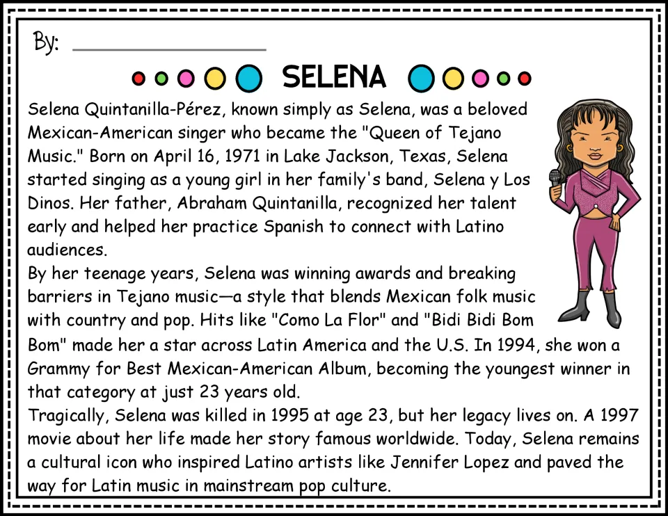 Selena biography passage, color version, covering her family band, Tejano music career, Grammy, and legacy