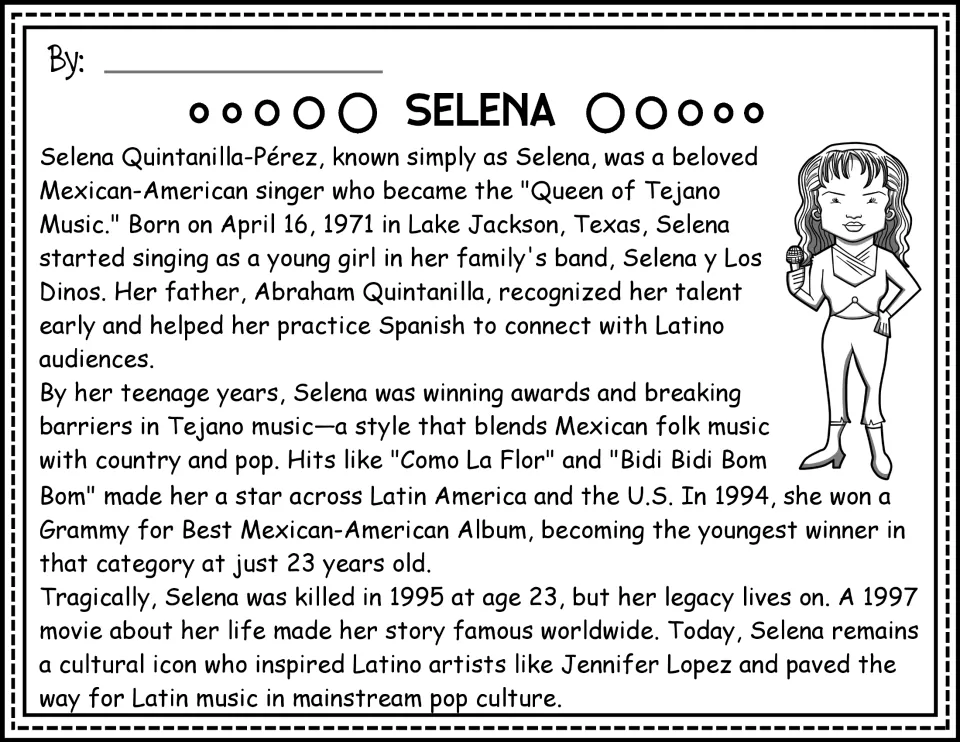 Selena biography passage, black-and-white version, covering her childhood, musical success, and lasting legacy