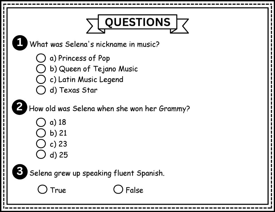 Selena comprehension questions 1–3 ask about her musical nickname, age at her Grammy win, and Spanish fluency