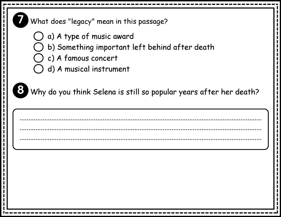 Selena comprehension questions 7–8 ask what legacy means in the passage and why she remains popular after death
