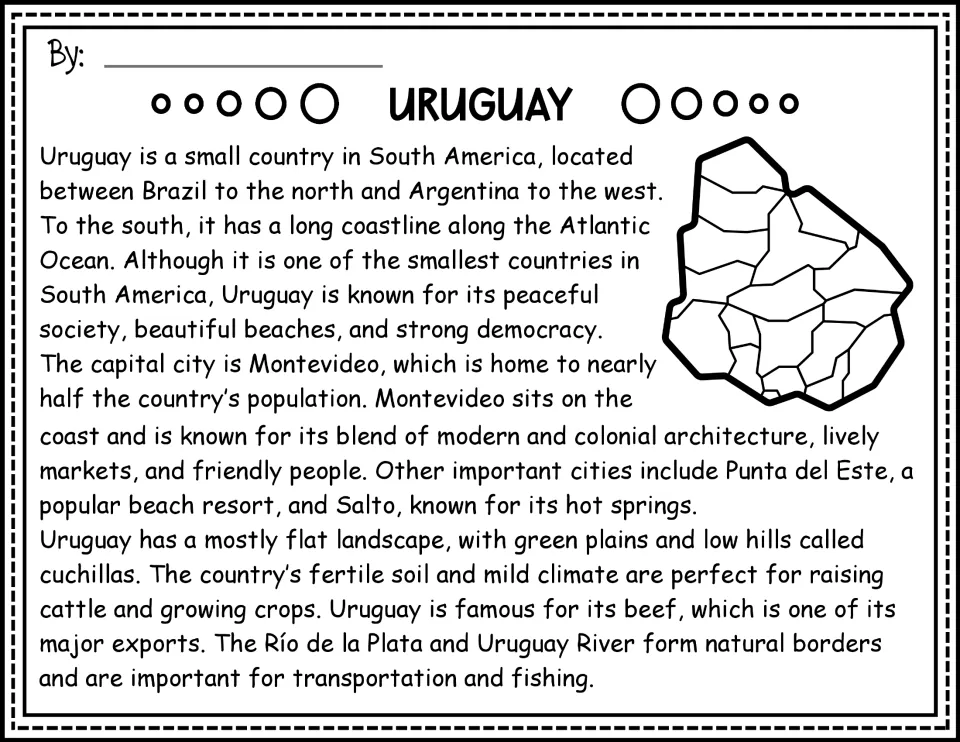 Black-and-white opening passage about Uruguay's location, cities, landforms, and farming, with a map
