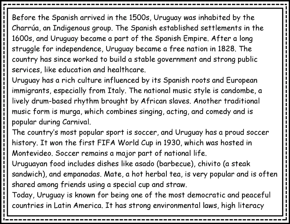 Reading passage continuation about Uruguay's history, candombe, murga, soccer, traditional foods, and mate