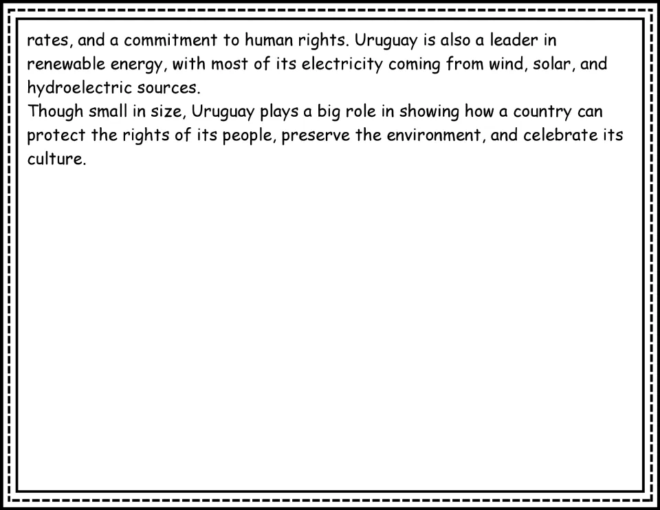 Final reading passage section about Uruguay's human rights, renewable energy, environment, and culture