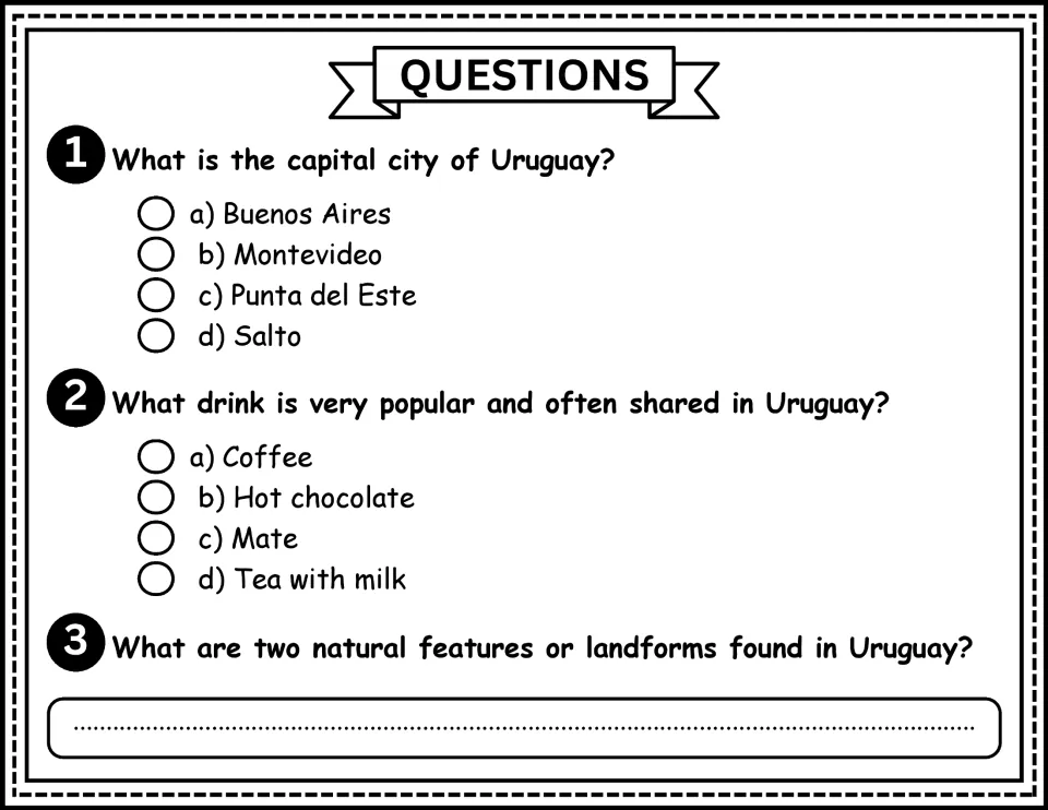 Comprehension questions 1–3 ask about Uruguay's capital, its popular shared drink, and natural features