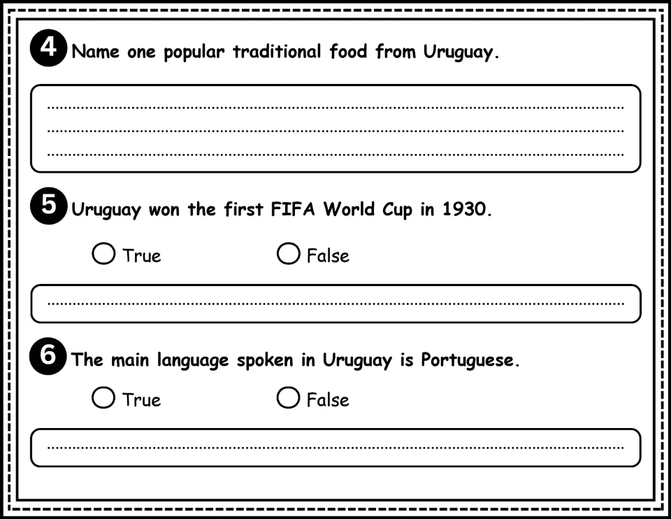 Comprehension questions 4–6 cover Uruguay's traditional food, the 1930 World Cup, and its main language